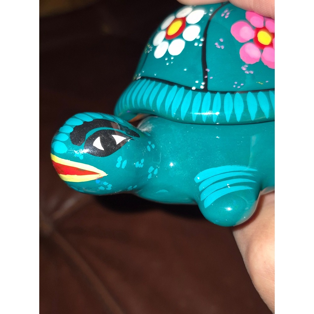 Hand Painted Turtle Trinket Box Mexican Folk Art Style Floral Terracotta gift - Picture 6 of 9